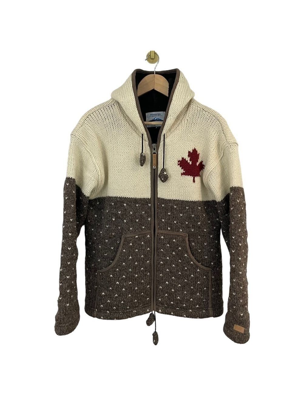 Ark Imports Full Zip Knit Cardigan Jacket Sz M/L Cream Brown Canada Sweater Coat